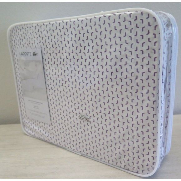 Lacoste QUEEN 100% Cotton White/Plum Boomerang Design Sheet Set $180 - Picture 6 of 7